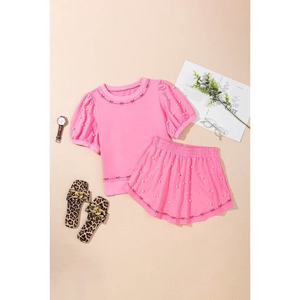Pink Contrast Bow Trim Pearl Puff Sleeve Blouse and Skort 2pcs Set