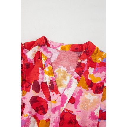 Red Abstract Print Split V Neck Ruffle Short Sleeve Blouse