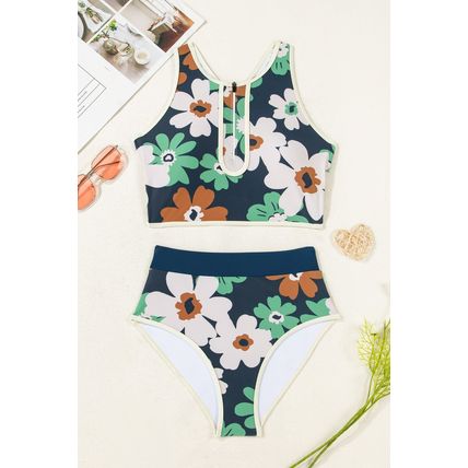 Blue Flower Zip up Racerback High Waisted Bikini