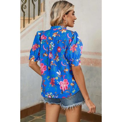 Blue Floral Short Puff Sleeve Button Up Shirt