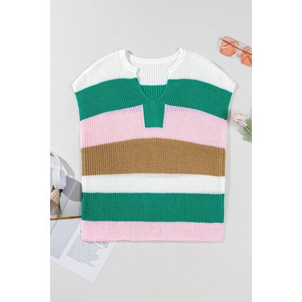 Multicolour Color Block Notch V Neck Sweater T Shirt