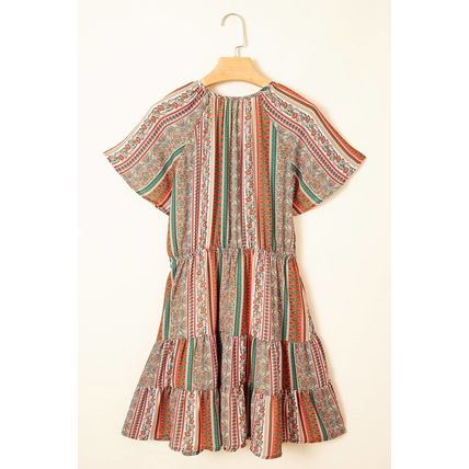 Red Bohemian Floral Print Buttoned V Neck Ruffle Tiered Dress