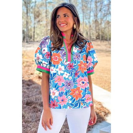 Sky Blue Floral Colorblock Edge Puff Sleeve Split Neck Blouse