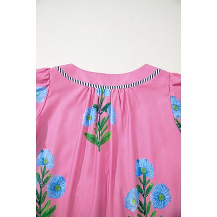Rose Floral Short Sleeve Split Neck Loose Mini Dress