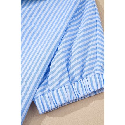Sky Blue Striped Print Contrast Split Neck Dolman Sleeve Blouse
