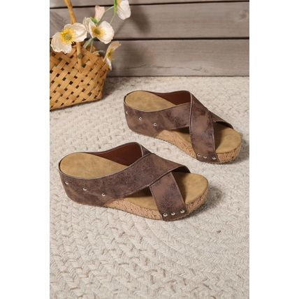 Coffee Criss Cross Cut Out PU Leather Wedge Slippers