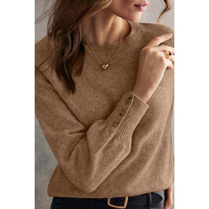 Camel Buttoned Bishop Sleeve Crew Neck Sweater