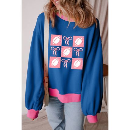 Blue Rugby Bowknot Graphic Game Day Contrast Trim Drop Shoulder Casual Sweatshir