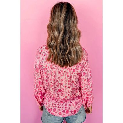 Pink Floral Puff Sleeve Split Neck Lightweight Blouse