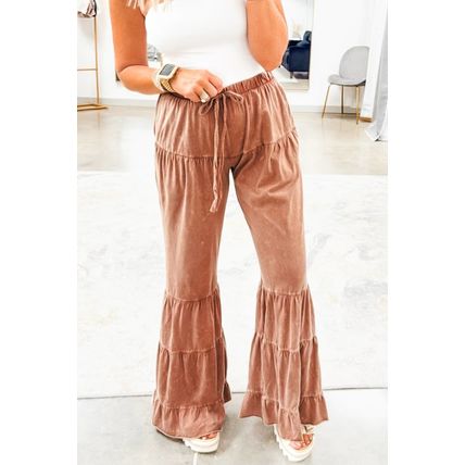 Straw Yellow Mineral Wash Lace-up High Waist Tiered Bell Bottom Pants