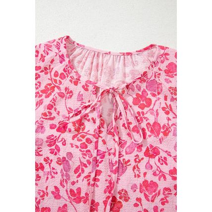 Pink Floral Puff Sleeve Split Neck Lightweight Blouse