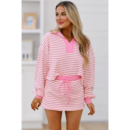 Pink Stripe Collared V Neck Drop Shoulder Pullover and Skort 2pcs Outfit
