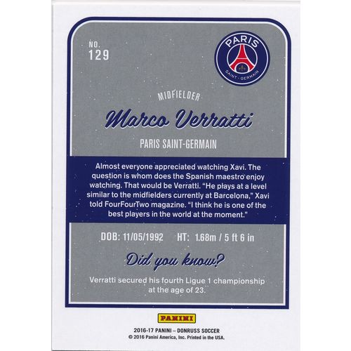 2016 Donruss Soccer Silver Foil Parallel 129 Marco Verratti Paris Saint-Germain