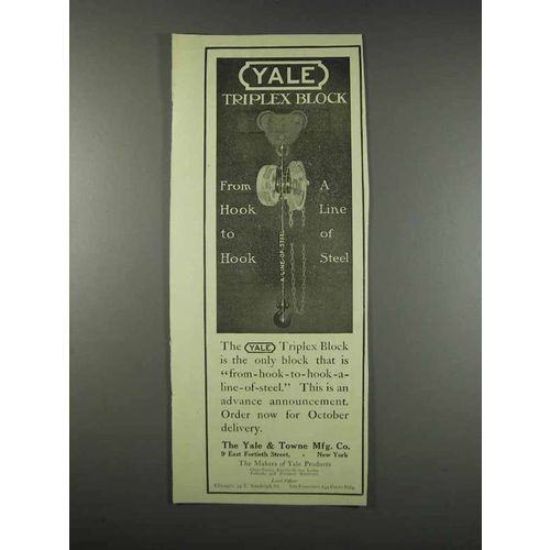 1913 Yale Triplex Block Ad - From Hook to Hook