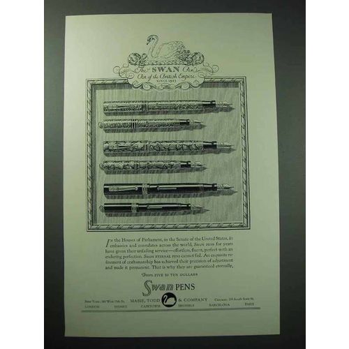 1929 Swan Eternal Pen Ad - Pen Of the British Empire