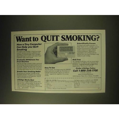 1989 Health Innovations LifeSgn Ad - Want to quit Smoking?