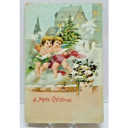 1905 Christmas Baby Angel's Church Town SInging Winter Snow Vtg Postcard A2