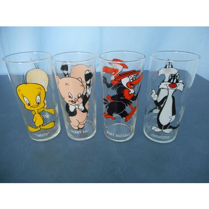 4 VTG Glasses Warner Brothers Pepsi 1973 Porky Sylvester Tweety Beaky Buzzard