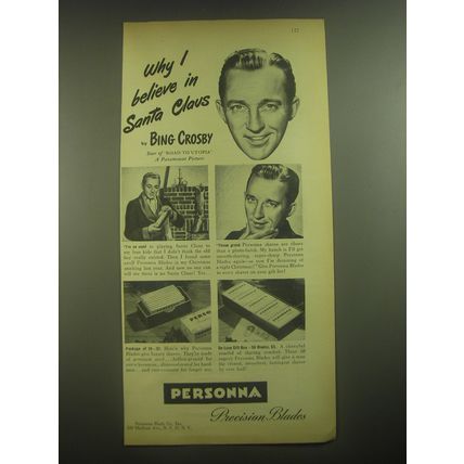 1945 Personna Precision Blades Ad - Bing Crosby - Why I believe in Santa