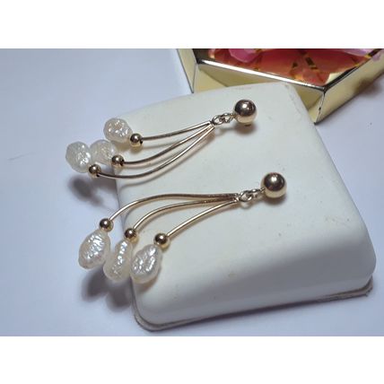 Estate Natural Freshwater Pearl 3 Ball Dangle drop 14Kt Yellow Gold Earring16180