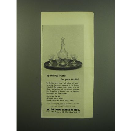 1949 Georg Jensen Ad - Orrefors Decanter, Glasses and Wood Tray