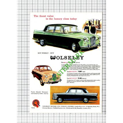 Wolseley Car Small Advert - 1960 Cutting
