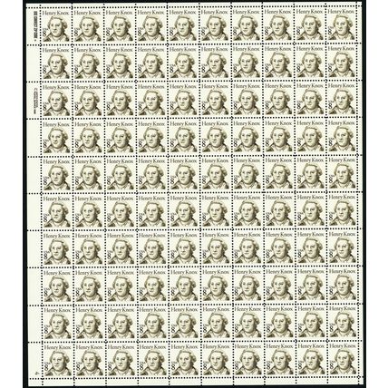 Henry Knox Sheet of One Hundred 8 Cent Postage Stamps Scott 1851