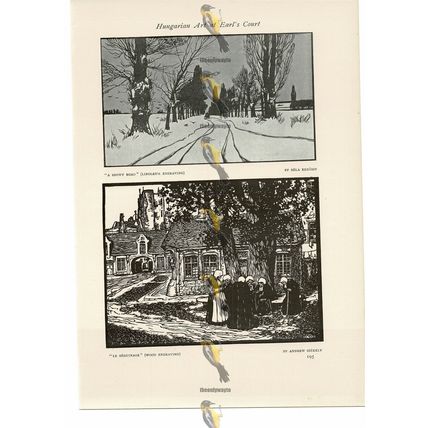 Snowy Road & Le Beguinage, Hungarian Art Engraving, Book Illustration, c1910