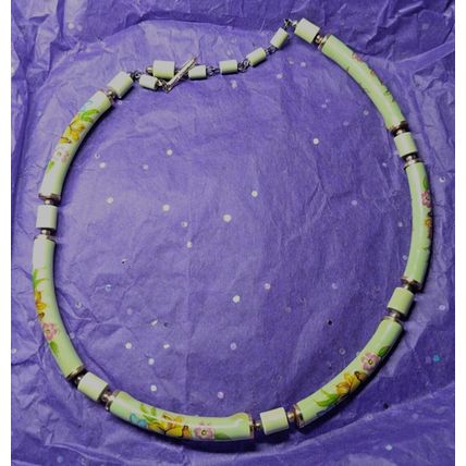Boho Choker Necklace Tubular Beads 17" Mint Green Pink Yellow Floral Japan