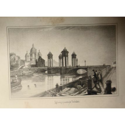 1840 Rusia - Iglesia y puente de Troitskoi - original engraving. Chopin.