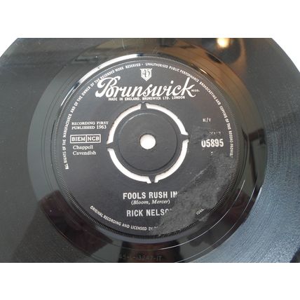 7" 1963. RICK NELSON. FOOLS RUSH IN .BRUNSWICK, 05895.DOWN HOME. NEAR MINT