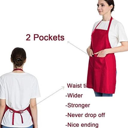 16 Pack Red Bib Plain Aprons Bulk for Women Men Adult with 2 Pockets-Chef Cookin