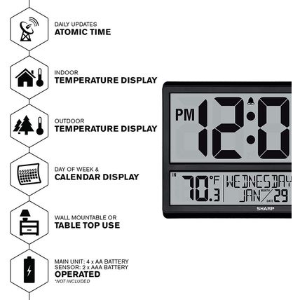 Sharp Atomic Clock - Never Needs Setting! –Easy to Read Numbers - Indoor/Outdoor
