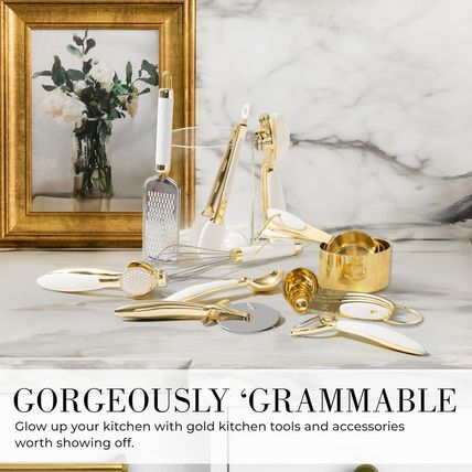 Styled Settings White and Gold Kitchen Utensils Set – 16-Piece Silicone Cooking