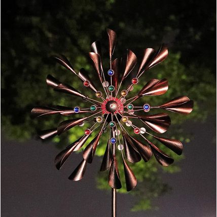 Large 79In Copper Kinetic Wind Spinner Multi-Color Seasonal LED Lighting Solar P