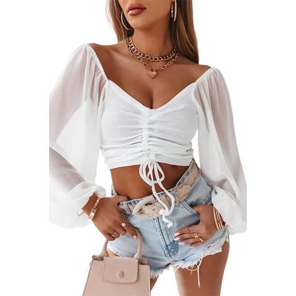White Drawstring Front Sheer Puff Sleeve Crop Top