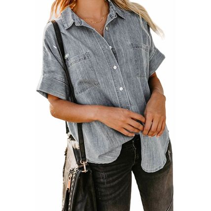 Turn-down Collar Short Sleeve Denim Shirt