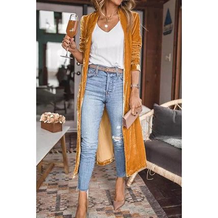 Yellow Velvet Open Front Pocketed Long Duster