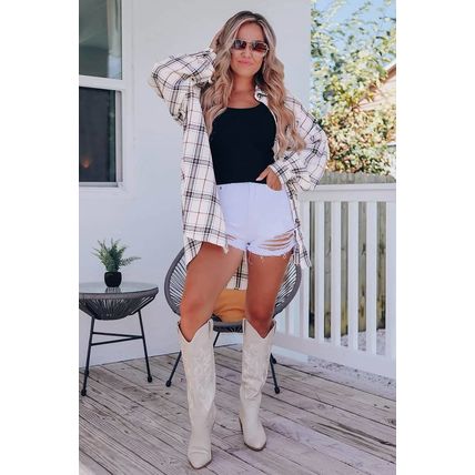 White Oversized Plaid Pattern Shacket with Slits