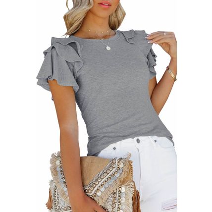 Gray Plain Tiered Ruffled Short Sleeve T Shirt