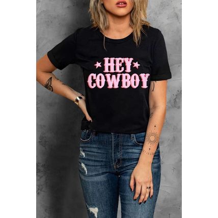 Black HEY COWBOY Letters Crew Neck T-shirt