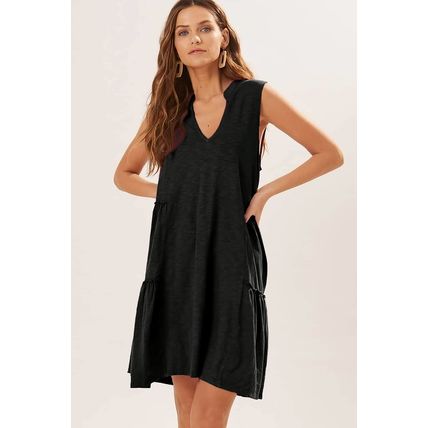 Black Split V Neck Tiered Flowy Sleeveless Dress