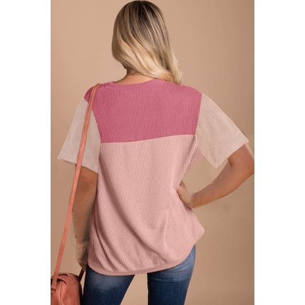 Pink Rib Textured Colorblock T Shirt