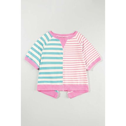 Pink Stripe Contrast Patchwork Oversized T Shirt