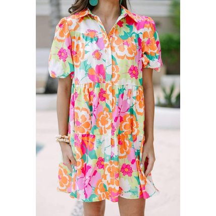 Pink Floral Puff Sleeve Collar Buttoned Babydoll Dress