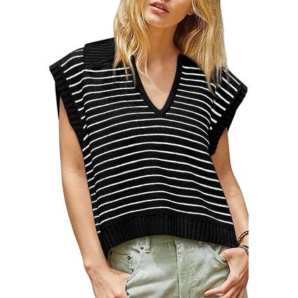 Black Stripe Turn-down V Neck Sweater Tank Top