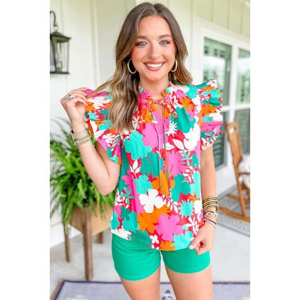 Green Floral Tie Split Neck Ruffle Trim Blouse