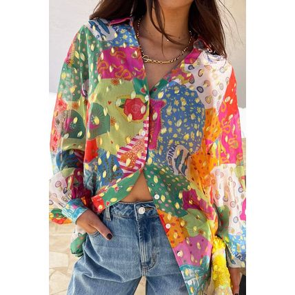 Rose Red Colorblock Abstract Print Button up Loose Shirt