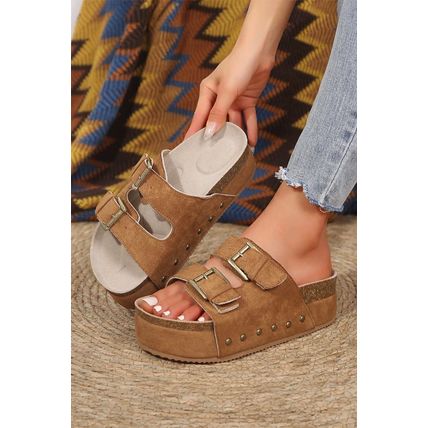 Chestnut Suede Buckle Decor Footbed Sandal Slippers
