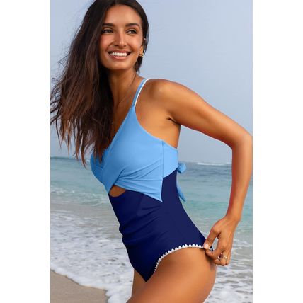 Beau Blue Ric Rac Trim Contrasted Patchwork Cutout One Piece Swimsuit